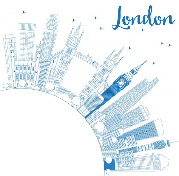 Outline London England Skyline with Blue Buildings and Copy Spac