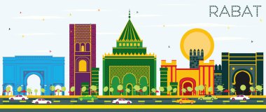 Rabat Fas manzarası renkli binalar ve mavi gökyüzü ile.