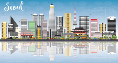 Seoul Korea manzarası renkli binalar, mavi gökyüzü ile Reflectio