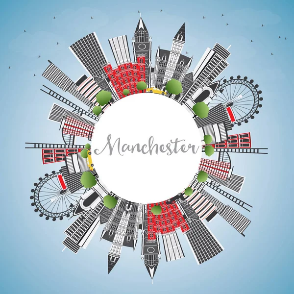 Skyline van de stad van Manchester Engeland met grijs gebouwen, Blue Sky een — Stockvector