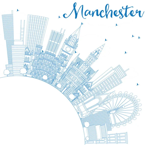 Overzicht Manchester Engeland City Skyline met blauwe gebouwen en — Stockvector