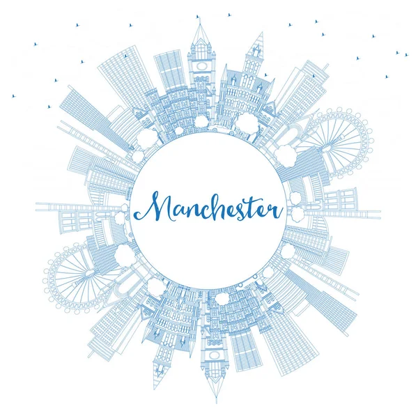 Outline Manchester England City Skyline with Blue Buildings and — Stock Vector