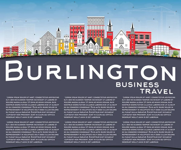 Burlington Iowa City Skyline con edifici a colori, cielo blu e — Vettoriale Stock