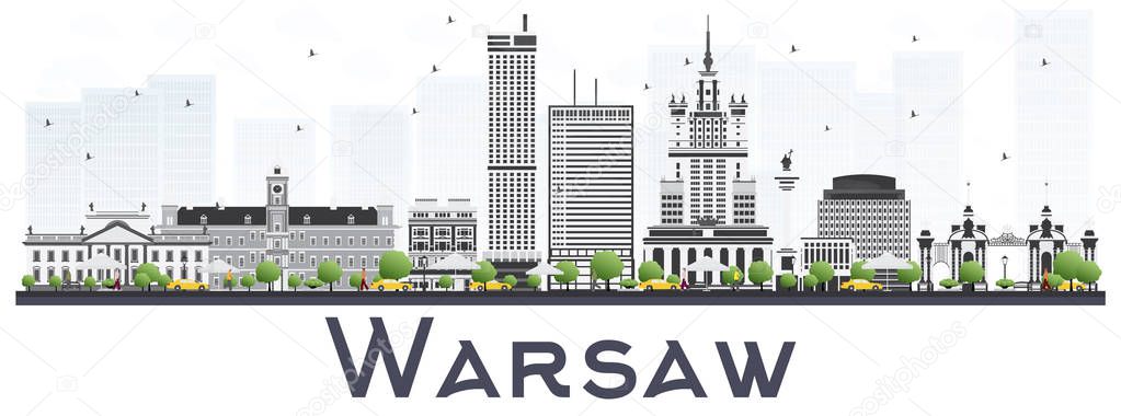 Warsaw Poland City Skyline with Gray Buildings Isolated on White