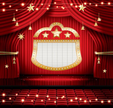 Red Stage Curtain with Seats and Spotlights. Vector illustration. Theater, Opera or Cinema Scene. Light on a Floor. clipart