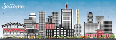 Saitama Japonya'da şehir manzarası renkli binalar ve mavi gökyüzü ile.