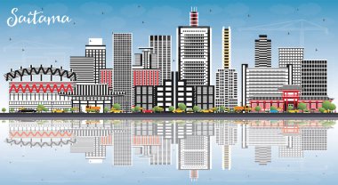 Saitama Japonya'da şehir manzarası renkli binalar, mavi gökyüzü ve Re