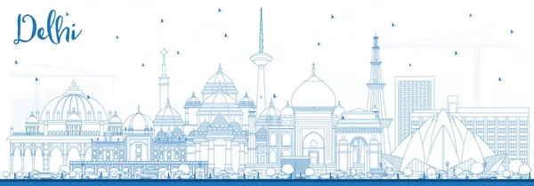 Delinear Delhi India City Skyline con edificios azules . — Vector de stock