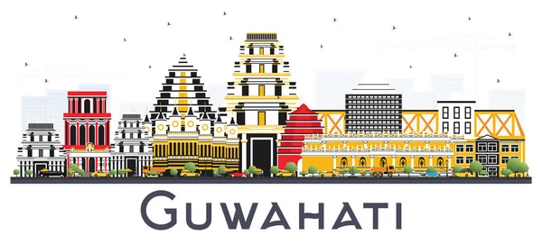 Skyline Kota Guwahati India dengan Bangunan Warna Terisolasi di Whi - Stok Vektor