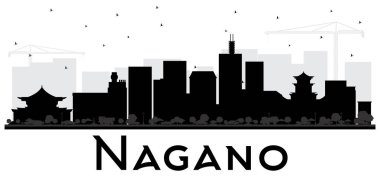 Nagano Japonya şehir manzarası siyah ve beyaz siluet.