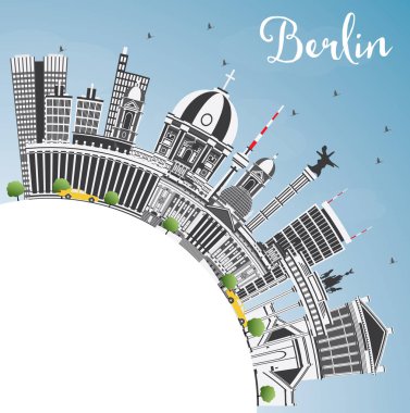 Berlin Almanya şehir manzarası ile gri binalar, mavi gökyüzü ve Co