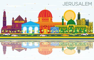 Jerusalem İsrail manzarası renkli binalar, mavi gökyüzü ile tașõma