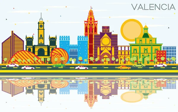 Valencia Spanyolország város Skyline színes épületek, a kék ég és a R — Stock Vector