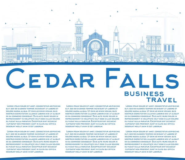Skissera Cedar Falls Iowa Skyline med blå byggnader och kopia Sp — Stock vektor