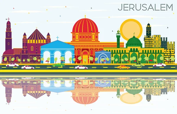 Иерусалим Израиль Skyline с цветными зданиями, голубое небо и Refl — стоковый вектор