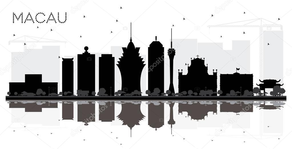 Macau China City Skyline Black and White Silhouette with Reflect