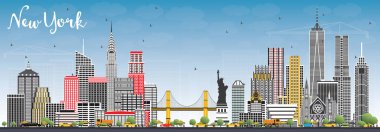 New York ABD şehir manzarası ile gri gökdelenler ve mavi gökyüzü. 
