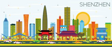 Shenzhen Çin şehir manzarası renkli binalar ve mavi gökyüzü ile. 