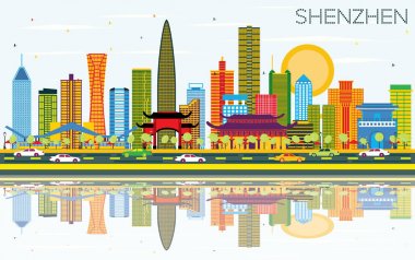 Shenzhen Çin şehir manzarası renkli binalar, mavi gökyüzü ve R