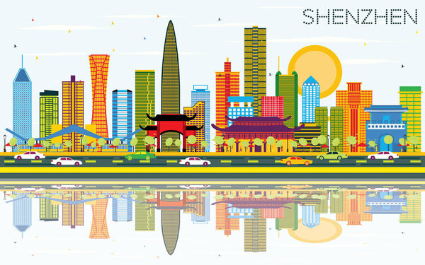 Shenzhen China City Skyline with Color Buildings, Blue Sky and R