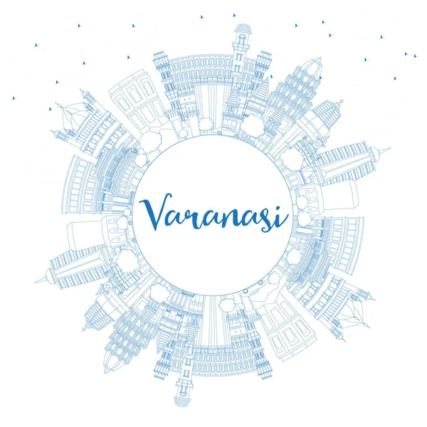 Περίγραμμα Βαρανάσι Ινδία City στον ορίζοντα με μπλε κτίρια και αντίγραφο — Διανυσματικό Αρχείο
