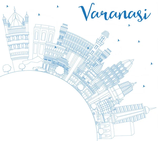Umriss Varanasi Indien Stadtsilhouette mit blauen Gebäuden und Kopie — Stockvektor