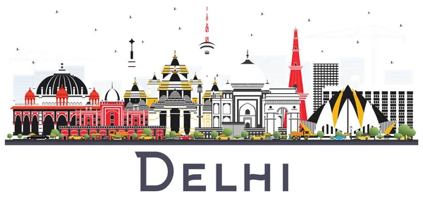 德里印度城市天际线与彩色建筑隔离白色 — 图库矢量图片