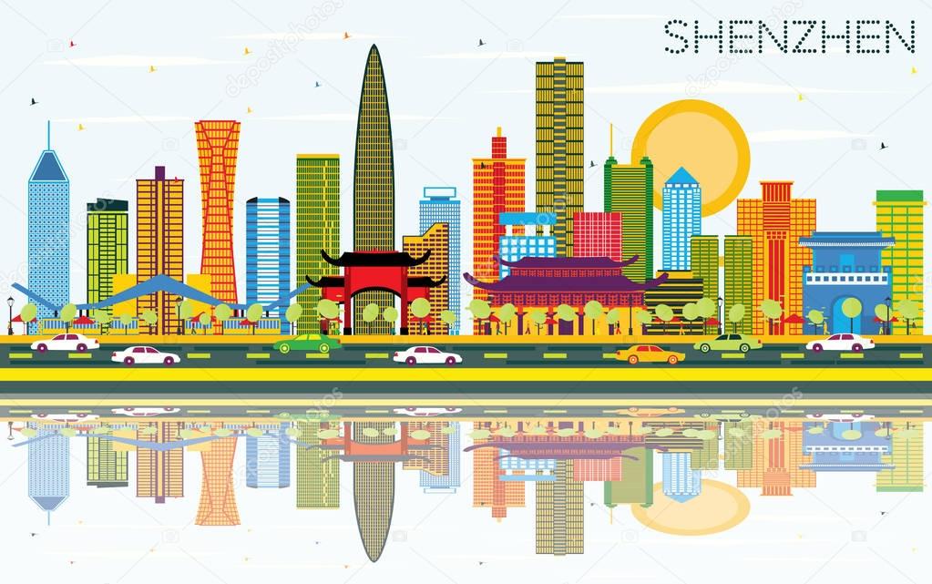 Shenzhen China City Skyline with Color Buildings, Blue Sky and R