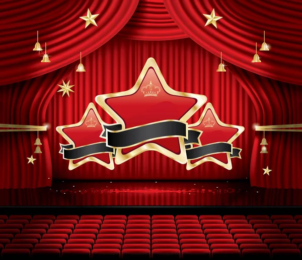 Cortina de escenario roja con tres estrellas, asientos y espacio de copia . — Vector de stock