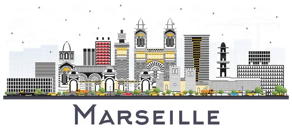 Marsella Francia City Skyline con edificios grises aislados en Wh — Vector de stock