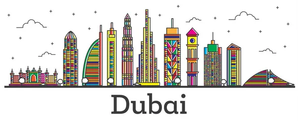 Esquema Dubai Emiratos Árabes Unidos Ciudad Skyline con edificios de color aislado en — Archivo Imágenes Vectoriales