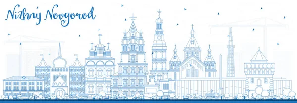 Esquema Nizhny Novgorod Rusia Ciudad Skyline con edificios azules . — Vector de stock