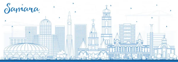 Outline Samara Russia City Skyline with Blue Buildings. - Stok Vektor