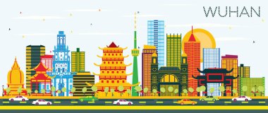 Wuhan Çin şehir manzarası renkli binalar ve mavi gökyüzü ile.