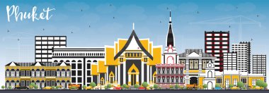 Phuket Tayland şehir manzarası renkli binalar ve mavi gökyüzü ile. 