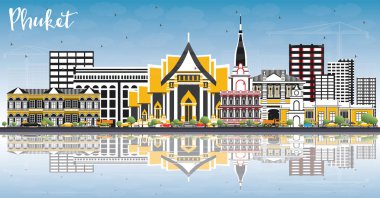 Phuket Tayland şehir manzarası renkli binalar, mavi gökyüzü ve 