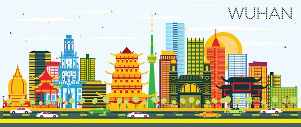 Ухань China City Skyline с цветными зданиями и голубым небом . — стоковый вектор