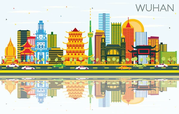 Wuhan China City Skyline con edificios de color, cielo azul y refl — Vector de stock