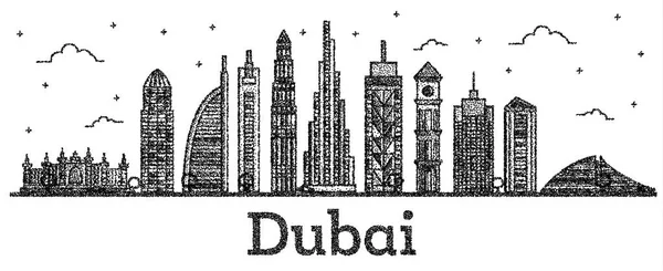 Χαραγμένο Ντουμπάι Ηνωμένα Αραβικά Εμιράτα πόλη στον ορίζοντα με μοντέρνα κτίρια απομονωμένες o — Διανυσματικό Αρχείο