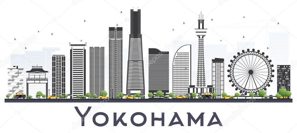 Yokohama Japan Skyline with Color Buildings Isolated on White.