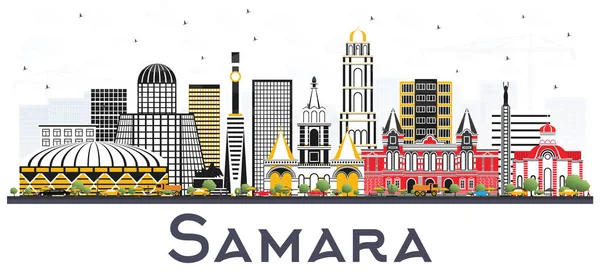 Samara Ryssland stadens silhuett med färg byggnader isolerad på Whit — Stock vektor