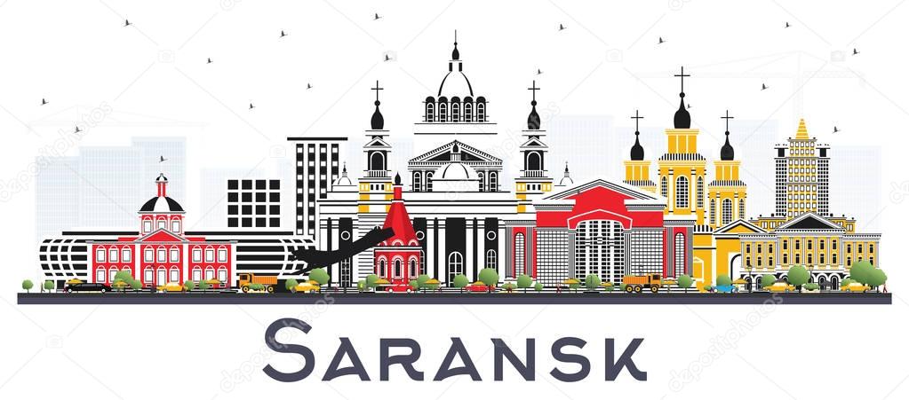 Saransk Russia City Skyline with Color Buildings Isolated on Whi