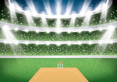 Sahne ışıkları ile kriket Stadyumu. 