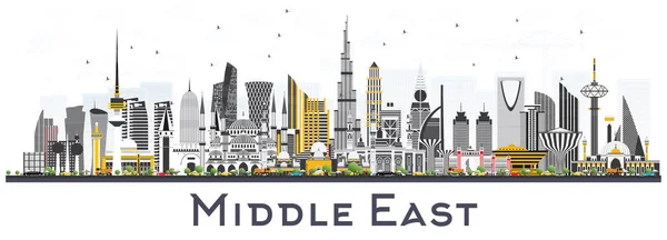 Střední východ Panorama s barvou budov izolované na bílém. — Stockový vektor