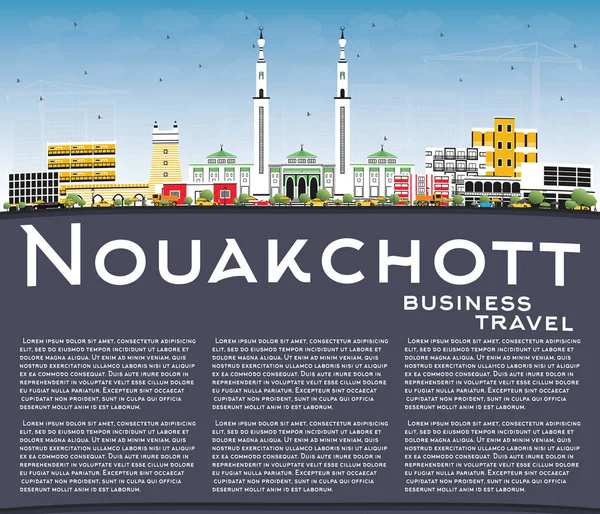 Nouakchott Mauritánie Panorama s barvou budov, modré Sk — Stockový vektor