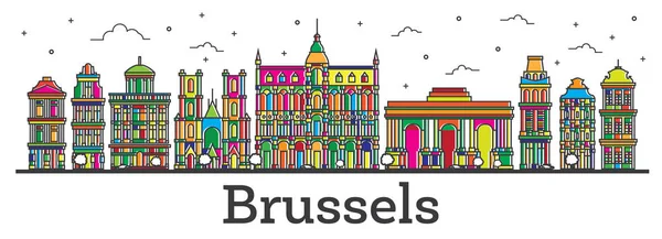 Outline Brussels Belgium City Skyline con edifici a colori Isola — Vettoriale Stock