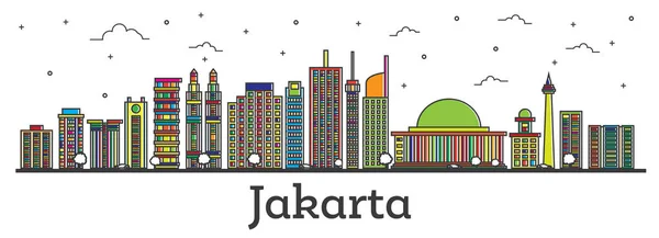 Delineamento Jakarta Indonesia City Skyline com edifícios coloridos Isol — Vetor de Stock