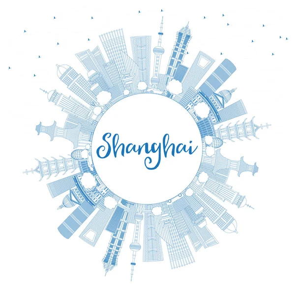 Esquema Shanghai China City Skyline con edificios azules y copia — Vector de stock