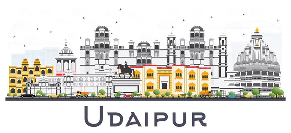 Udaipur India City Skyline con edificios de color aislados en Whit — Vector de stock