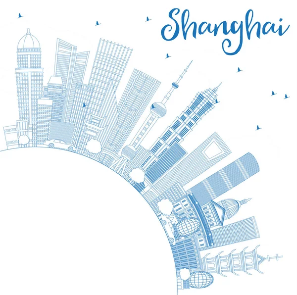 Esquema Shanghai China City Skyline con edificios azules y copia — Vector de stock